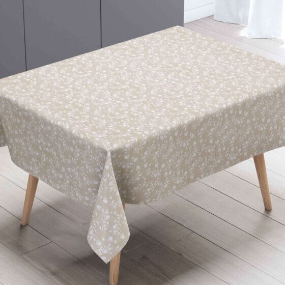 Voksdug - Beige med hvide blomster - let struktur