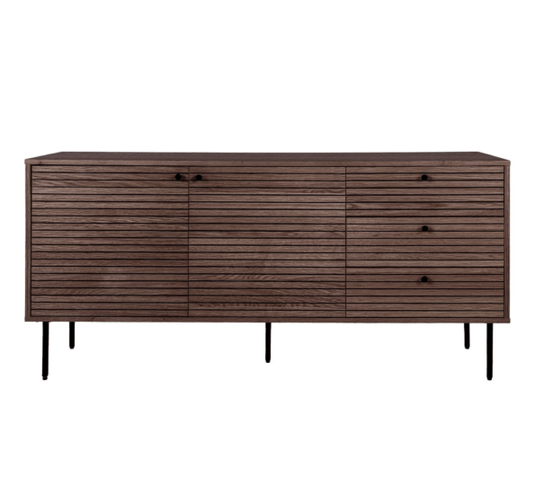 Kyoto Skænk - Skænk, 3 skuffer, 2 låger, egefiner, smoked, sorte metalben 150x40x74 cm